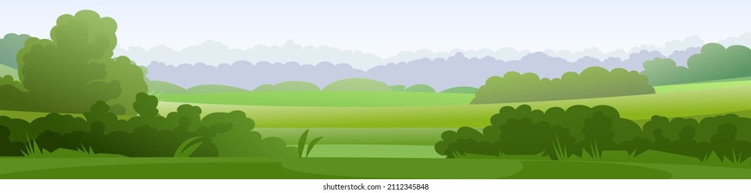 Una mañana fresca y nublada entre hierba y arbustos. Paisaje rural. Ilustración horizontal de la naturaleza del pueblo. Cuidadas colinas rurales. Estilo plano. Vector.