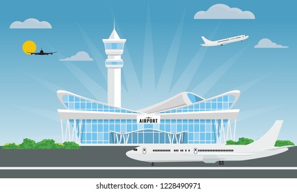 Cool modern airport building in flat and solid color style. Vector illustration.