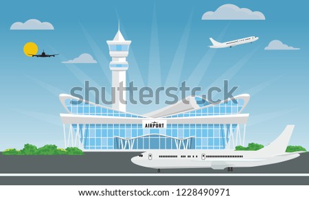 Cool modern airport building in flat and solid color style. Vector illustration.