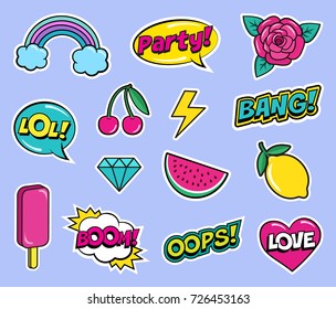 Cool modern colorful patch set on violet background. Fashion stickers of cherry, lemon, watermelon, rose flower, ice cream, rainbow, hearts, diamond, comic bubbles etc. Cartoon 80s-90s pop art style