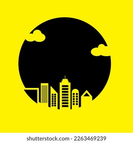 circulo de diseño moderno fresco o espacio negativo circular con edificios y elementos en la nube