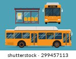 Cool modern flat design public transport items bus stop structure and city transit shorter distance bus, side and front view, isolated