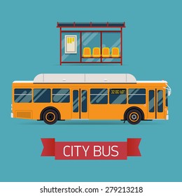 Cool Modern Flat Design Public Transport Items Bus Stop Structure And City Transit Shorter Distance Bus, Side View, Isolated