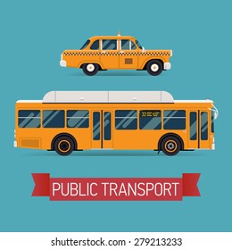 Cool modern flat design public transport vehicle icons taxi cab car and city transit shorter distance bus, side view, isolated