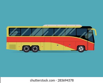 Cool modern flat design public transport vehicle intercity longer distance tourist coach bus, side view, isolated