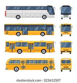 Cool Modern Flat Design Public Transport Items City Transit Shorter Distance Bus, Side And Front View. Retro Vintage Bus. Big Tour Bus.