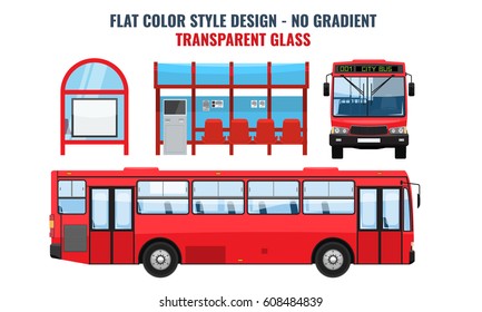 Cool modern flat design public transport. Bus stop structure and city bus, side and front view, isolated. Flat and solid color design.