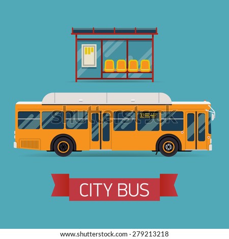 Cool modern flat design public transport items bus stop structure and city transit shorter distance bus, side view, isolated