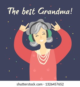 Cool modern funny grandmother is listening music. Vector flat cartoon illustration