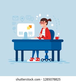 Cool and modern girl at work on office desk