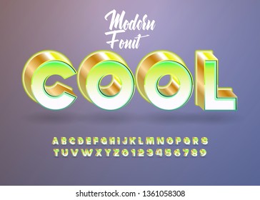 Cool modern green trendy and bright alphabet font with shadow in retro style.