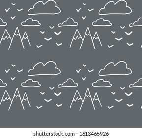 Cool modern seamless hand drawn geometric patterns. Vector abstract mountain, clouds and birds illustration