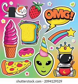 Cool, modern set, collection of neon, bright stickers of cute characters of sushi cat, sandwich, unicorn alien, astronaut with golden crown, ice cream, star, strawberry, donut, pizza.Youth background.