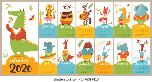 Cool modern style cartoon vector 2020 calendar with funny wild animals characters doing different activities. 