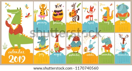 Cool modern style cartoon vector 2019 calendar with funny wild animals