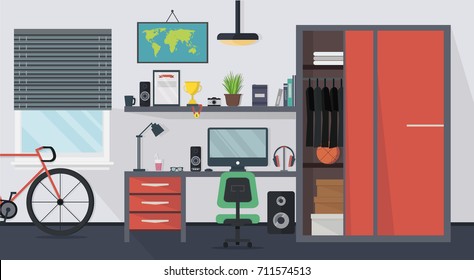Cool modern teenager room interior with table, chair, cupboard, computer, bicycle, lamp, books and window in flat style. Vector illustration.
