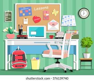 Cool Modern Teenager Room With Workplace: Table, Chair, Board, Lamp, School Bag, Laptop, Stationery And Books. Flat Style Vector Illustration