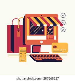 Cool modern trendy vector flat concept design on online shopping and e-commerce with desktop personal computer, shopping bag, chip bank debit or credit card and store shop facade