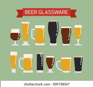 Cool modern vector flat design on draught beer glassware. Ideal for graphic and motion design in bars and restaurants industry. Featuring stout, lager, porter, ale, pilsner and other beer glasses