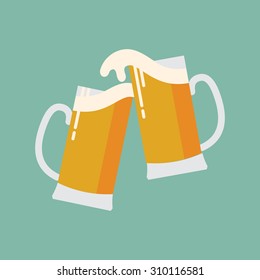 Cool modern vector flat design icon on clink beer mugs | Minimalistic web icon on celebration with beer colliding and spilling out with foam  