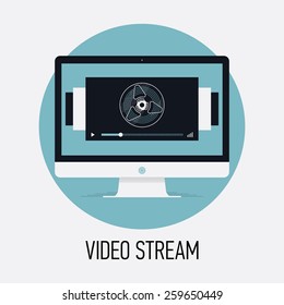 Cool modern vector graphic design on video stream with desktop computer monitor with video player application window and retro movie film reel