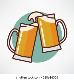 Cool modern vector outlined flat design icon on clink beer mugs | Minimalistic web icon on celebration with beer colliding and spilling out with foam  
