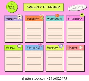 Cool Modern Weekly Planner Y2k Style. Trendy Week Plan Print Vector Design. 