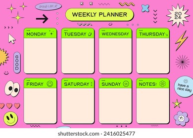 Moderno y elegante estilo Y2k de Planner semanal. Diseño de vectores de impresión de plan de semana de moda. 