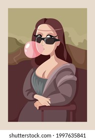 Genial Mona Lisa Usando Gafas De Sol Con Goma De Burbuja. Gracioso Gioconda remake en estilo moderno masticando chicle usando tonalidades de moda
