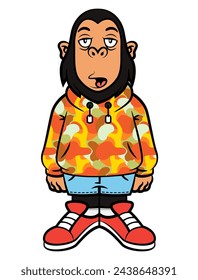 Cool Monkey cartoon characters wearing hoodie jacket with camouflage pattern, jeans shorts, and sneakers. Best for mascot, logo, and sticker for streetwear shop