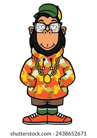 Personajes de dibujos animados de Mono Cool usando gafas, collar de cadena de oro, chaqueta con capucha con patrón de camuflaje, pantalones cortos de lujo y zapatillas. Lo mejor para la mascota, logotipo y etiqueta engomada para la tienda de ropa callejera