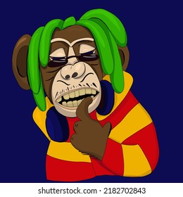 Cool monkey character NFT art variant. Monkey with sun glasses and swap dreadlocks cartoon illustration. colorful vector drawing. Metaverse avatar