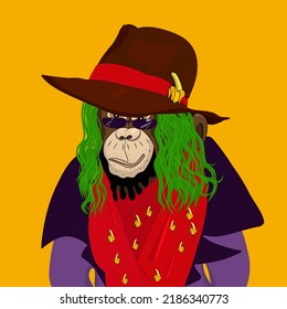 Cool monkey character NFT art variant. Monkey with sun glasses, hat and dreadlocks cartoon illustration. colorful vector drawing. Metaverse avatar