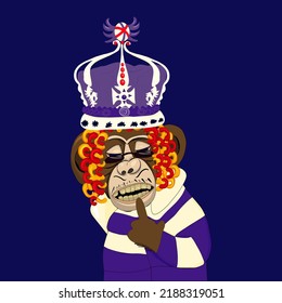 Cool monkey character NFT art variant. Monkey with sun glasses, crown dreadlocks cartoon illustration. colorful vector drawing. Metaverse avatar
