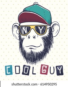 cool monkey chimpanzee dressed in sunglasses and cap.Initials of city New York on eyeglasses.Prints design for t-shirts