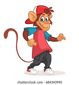Cool monkey dancing in modern clothes. Vector flat cartoon illustration. Chimpanzee mascot