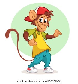 Cool Monkey Dancing In Modern Clothes. Vector Flat Cartoon Illustration. Chimpanzee Mascot