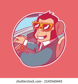 Cool Monkey driving a car vector illustration. Funny, brand, animal design concept.