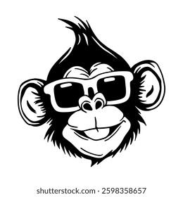 Cool monkey face in sunglasses, black and white vector silhouette. Perfect for logo design, prints, stickers, and digital art projects.