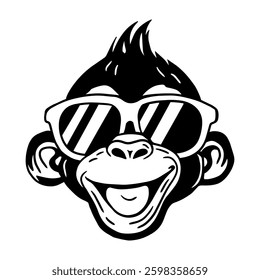 Cool monkey face in sunglasses, black and white vector silhouette. Perfect for logo design, prints, stickers, and digital art projects.