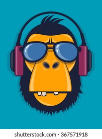 Cool monkey with glasses and headphones