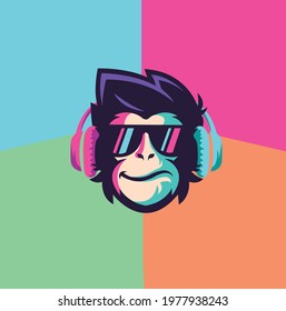 Cool monkey with glasses and headphones. Vector art. Monkey design. Colorful background.