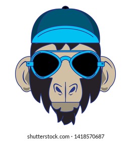 Cool monkey with hat and sunglasses fashion accesories cartoon vector illustration graphic design