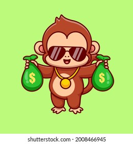 Cool Monkey Holding Money Bag Cartoon Vector Icon Illustration. Animal Finance Icon Concept Isolated Premium Vector. Flat Cartoon Style