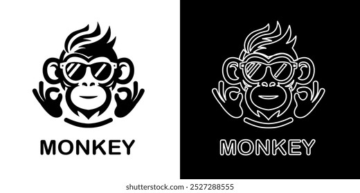 Logotipo legal de macaco usando óculos escuros e mostrando um gesto de mão "OK". Design divertido e divertido, ideal para marcas, roupas, start-ups de tecnologia ou empresas de entretenimento que buscam um mascote moderno e moderno