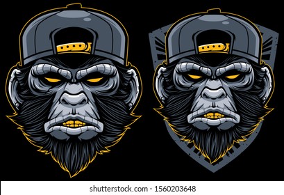 Cool Monkey Mascot. Angry Chimp Head In Baseball Cap Vector Illustration. Dangerous Mammal Badge. Ape Sticker, Patch. Gorilla Face Label, Emblem. Wild Animal Old School Tattoo Design