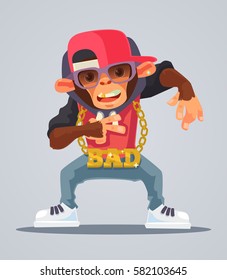 Cool Monkey Rapper Character In Modern Clothes. Vector Flat Cartoon Illustration