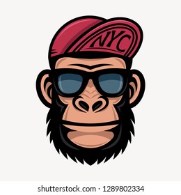 Cool monkey in sunglasses and baseball caps. Fashionable gorilla head