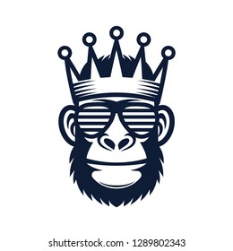 Cool monkey in sunglasses and crown. King gorilla logo