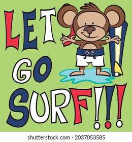 Cool monkey with surfboard and text Surf and background